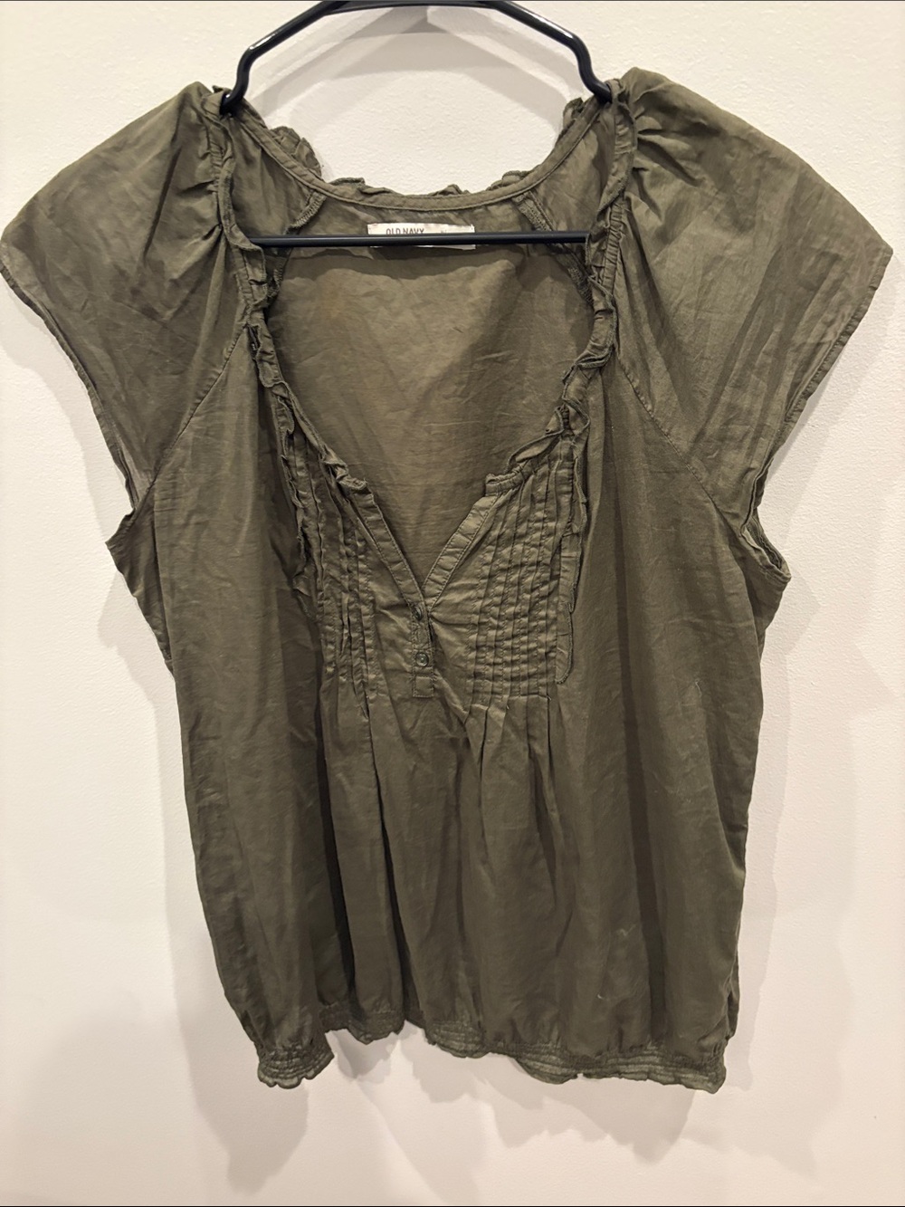 Old Navy Olive Green Pintuck Peasant Top